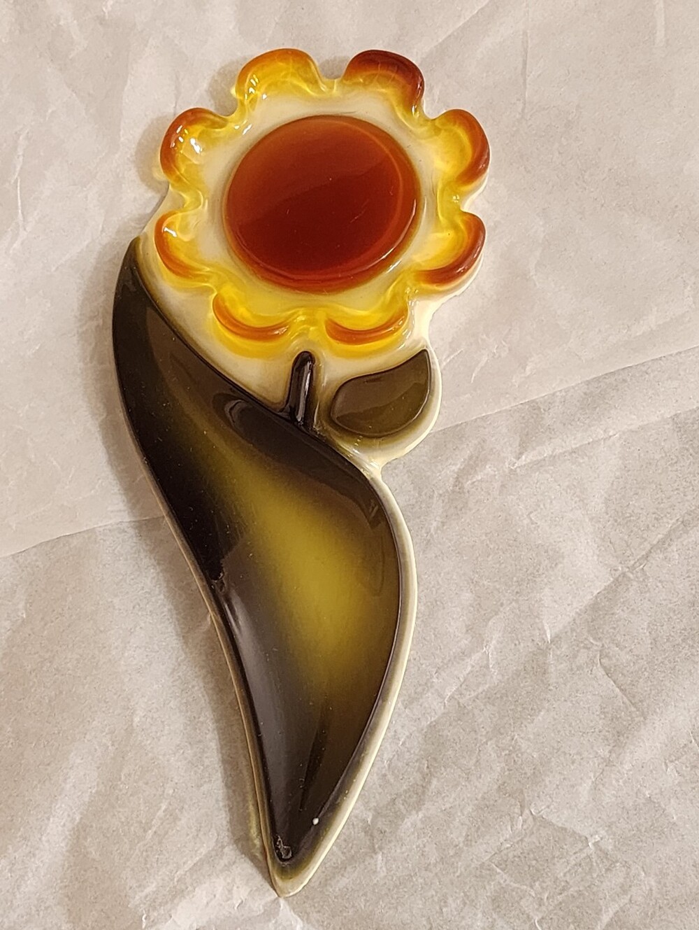 Vtg MCM Wondermold Flower Art  1970's Yellow Orange Green Spoon Rest Decor